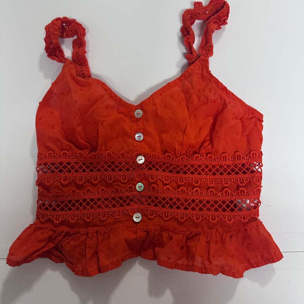 Twine & String Red Lace Crop Top Button Front Size small